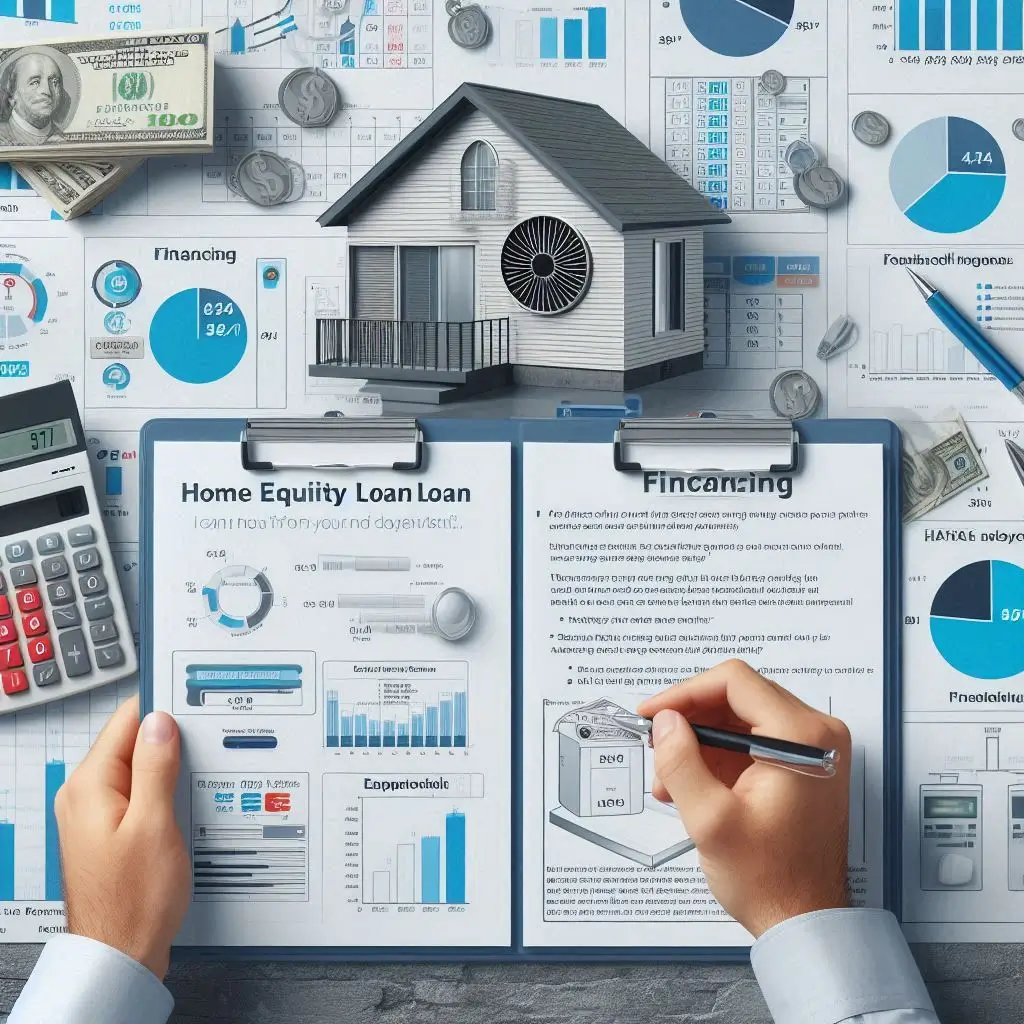 Visual of a person reviewing their home equity loan documents and considering financing for HVAC replacement, with a calculator and financing charts in the background.