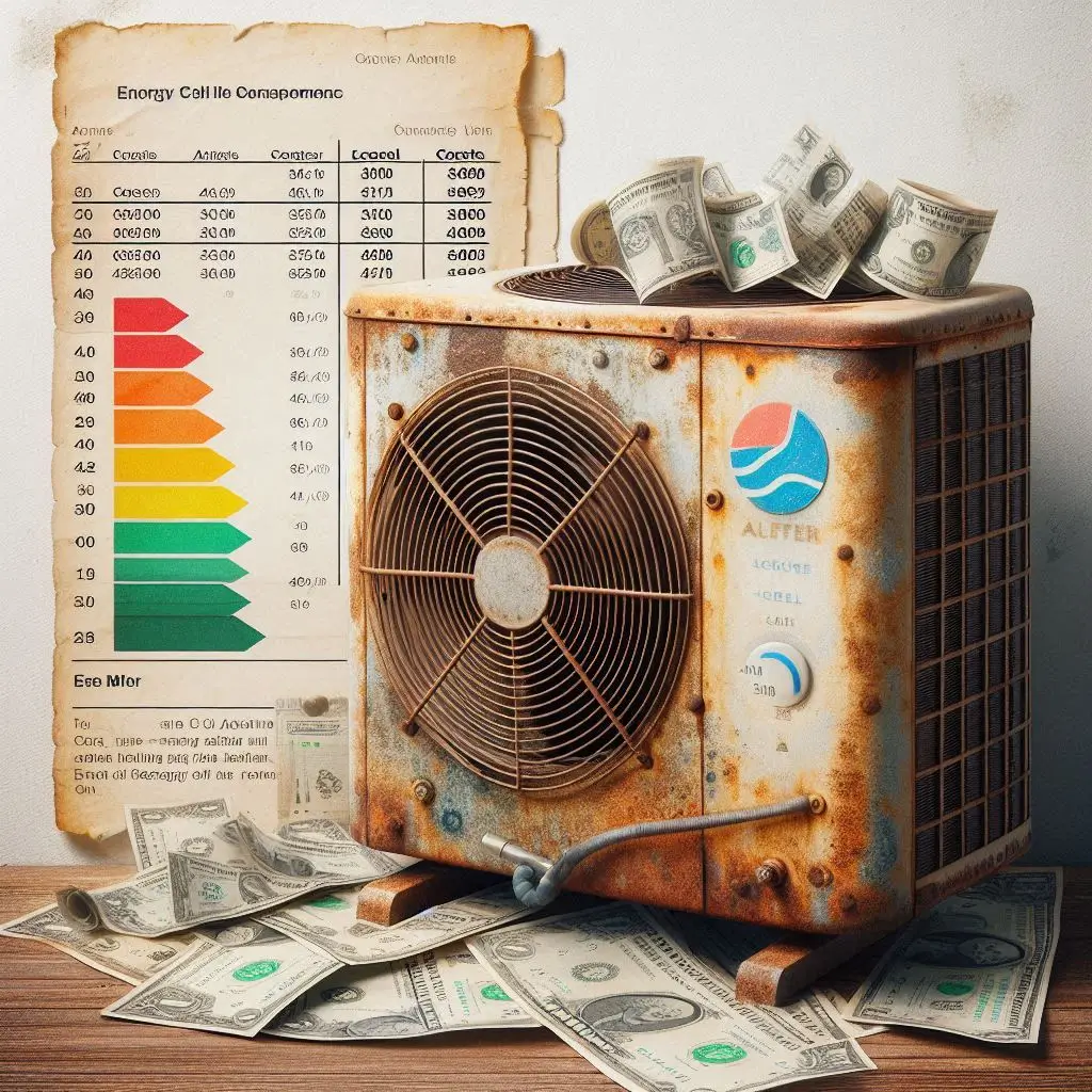 "An image of an old air conditioning unit with visible signs of wear, such as rust or damaged parts, and energy bill statements showing increased costs. This image should illustrate the impact of age on AC performance in a home."