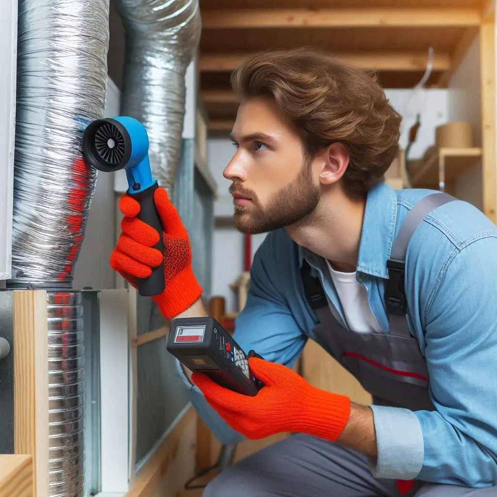 A professional HVAC technician using specialized equipment to inspect a home’s ductwork and measure airflow efficiency.