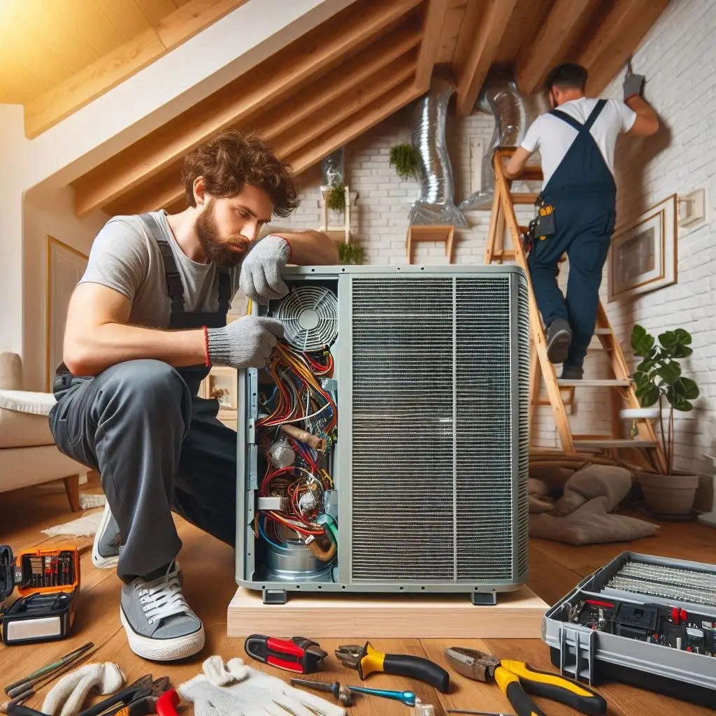 A technician installing a new HVAC unit inside a home, with tools and equipment visible, demonstrating the complexity of installation.