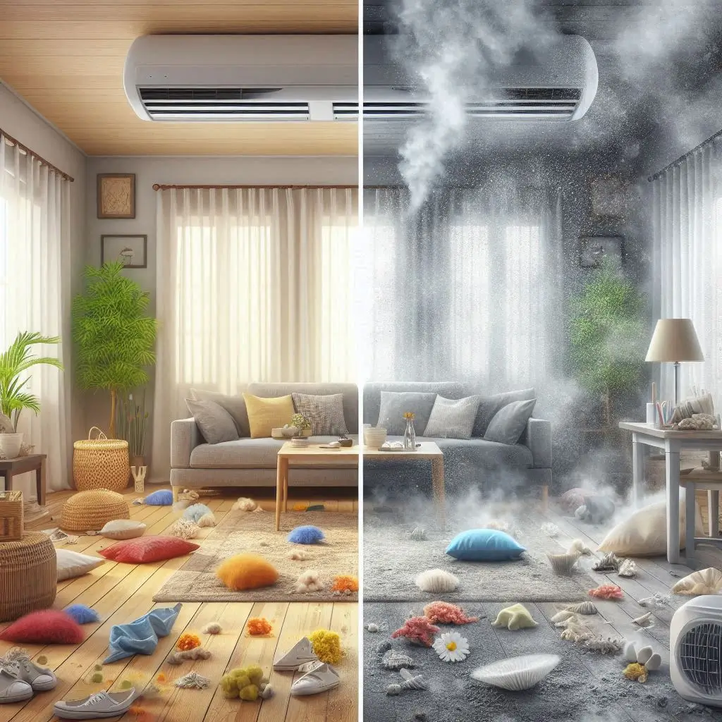 A comparison image showing polluted indoor air filled with dust and allergens vs. clean, fresh air after professional indoor air quality solutions.