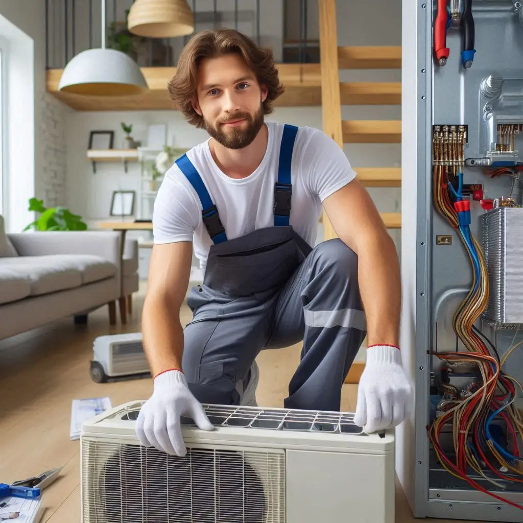 A professional HVAC technician in uniform installing a modern energy-efficient air conditioning system in a residential home.
