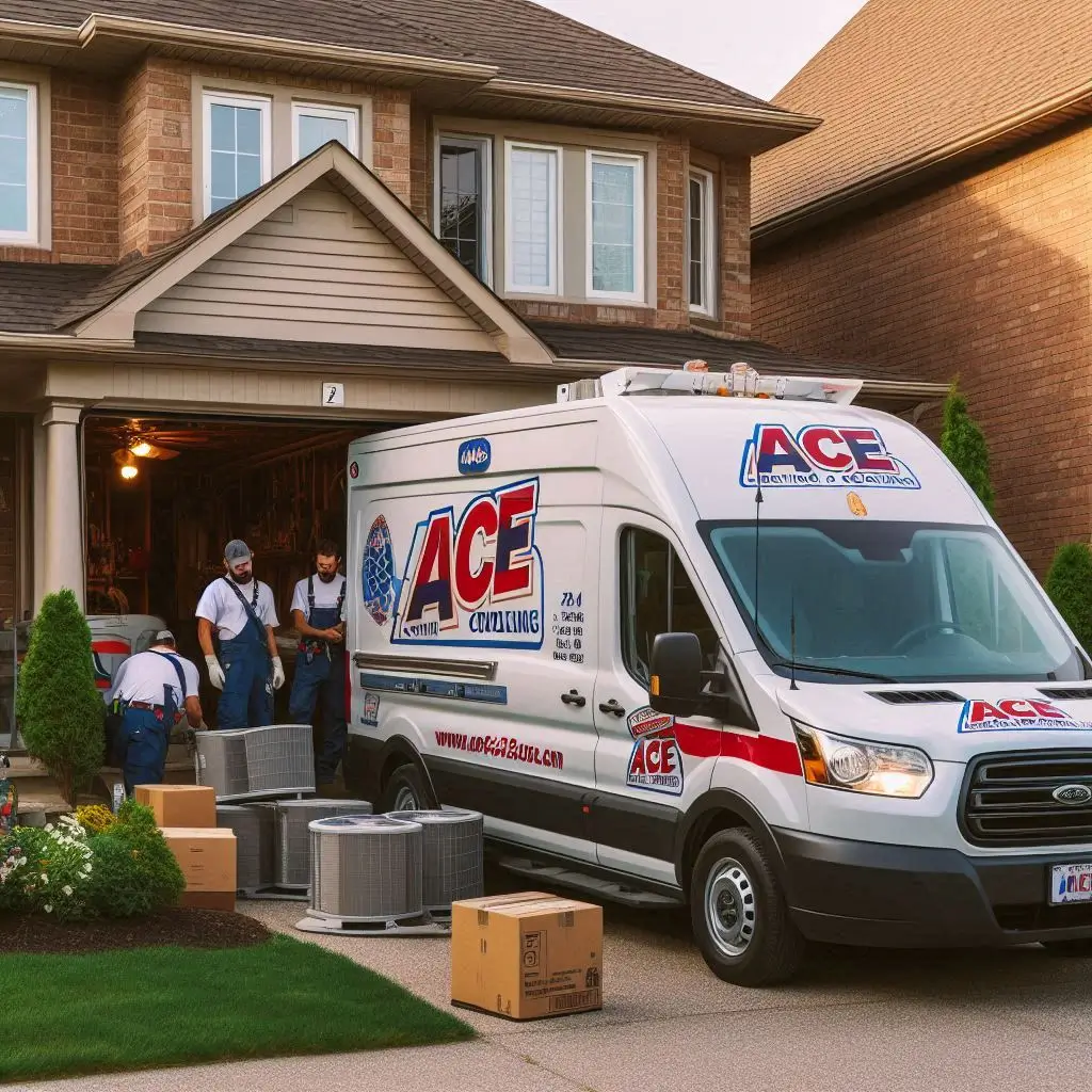 An Ace Heating and Cooling service van parked outside a residential home, with technicians unloading equipment and preparing for an HVAC installation.