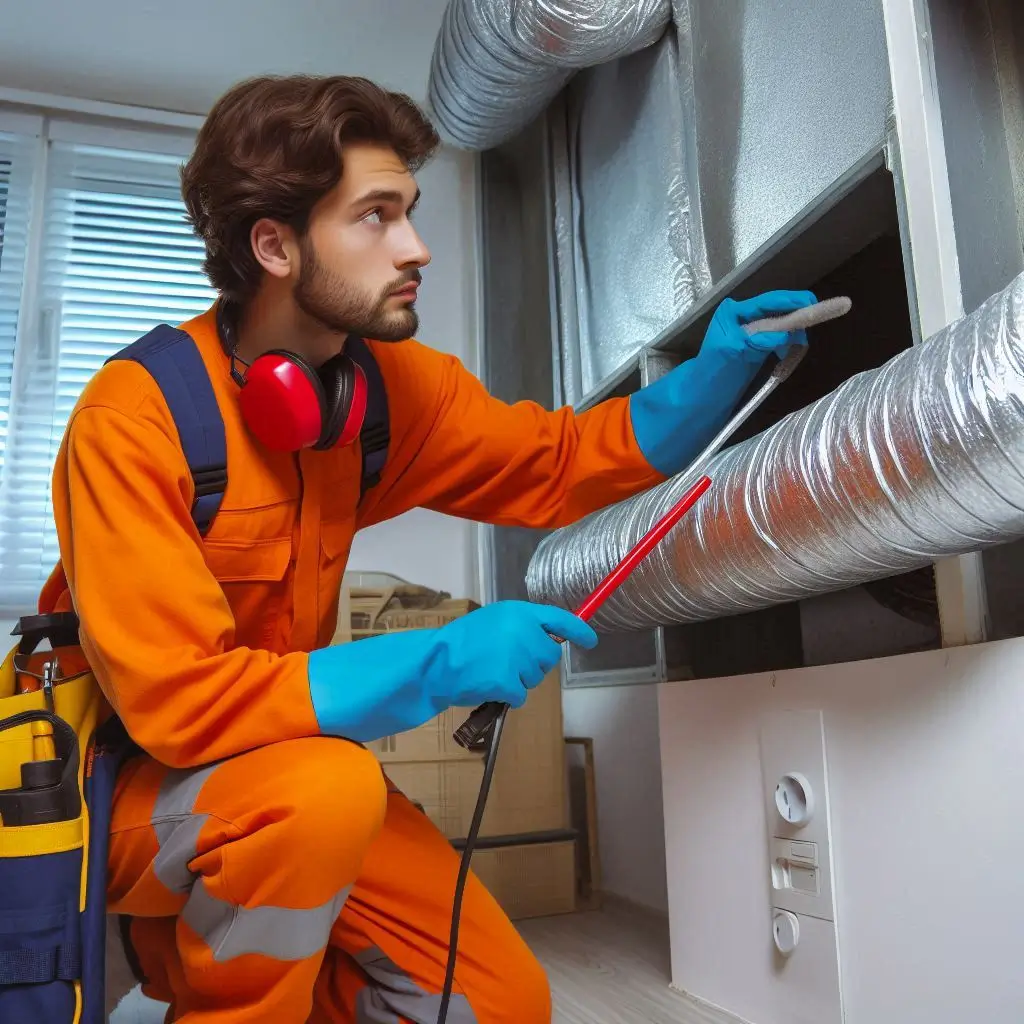 "An HVAC technician inspecting and cleaning the air ducts to improve indoor air quality"