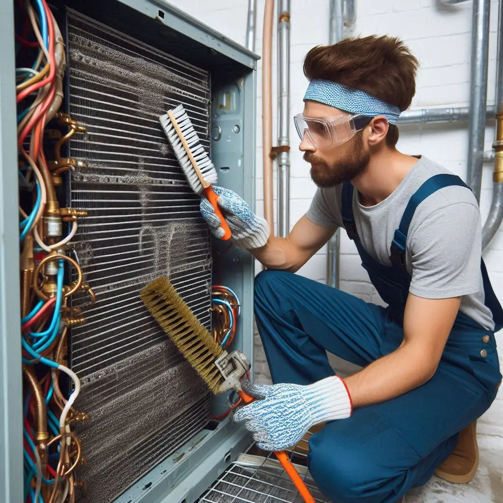 An HVAC technician performing routine maintenance on a central air conditioner, cleaning condenser coils with a brush and hose.