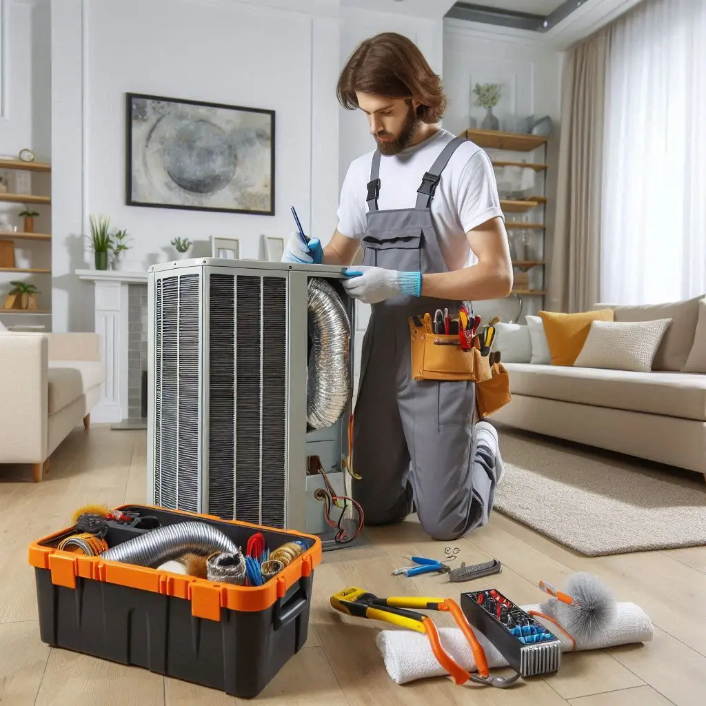 "A professional HVAC technician inspecting a modern air conditioning unit, working on a heating system, and cleaning air ducts in a residential home. The technician is wearing a uniform and working with tools in a well-maintained, clean living room setting."