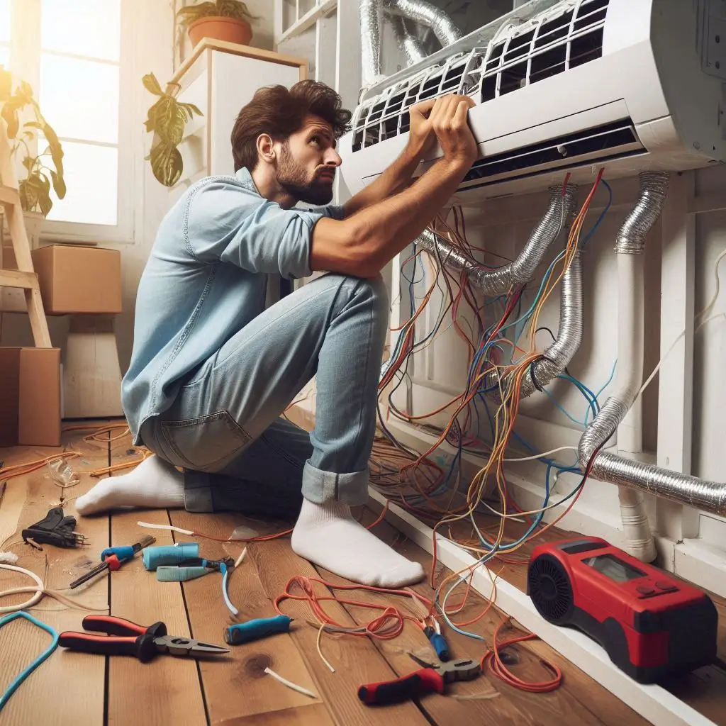 A homeowner struggling to install an air conditioner on their own, with wires and ducts improperly connected, highlighting the risks of DIY installation.