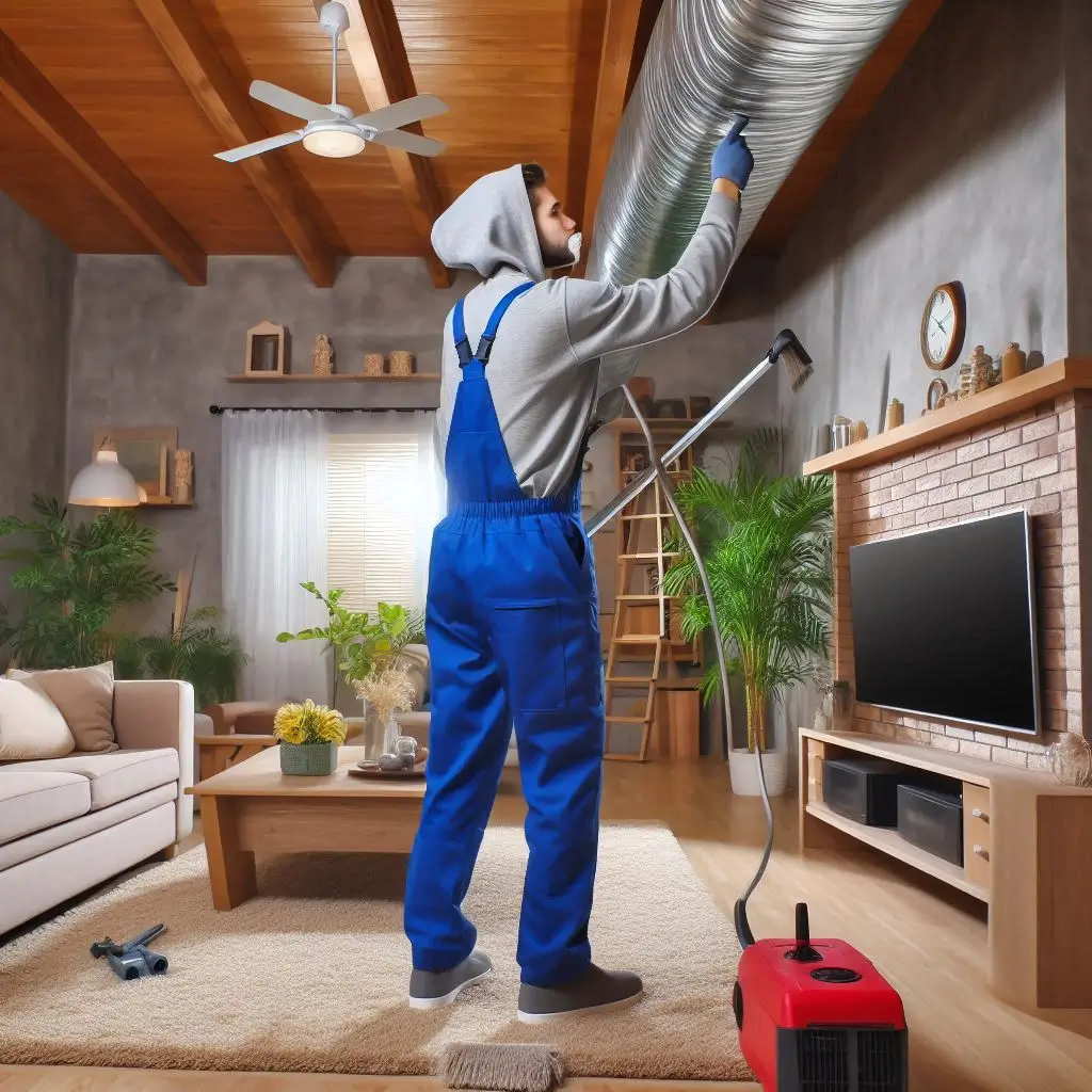 "A technician performing air duct cleaning inside a home to improve air quality and HVAC system performance."