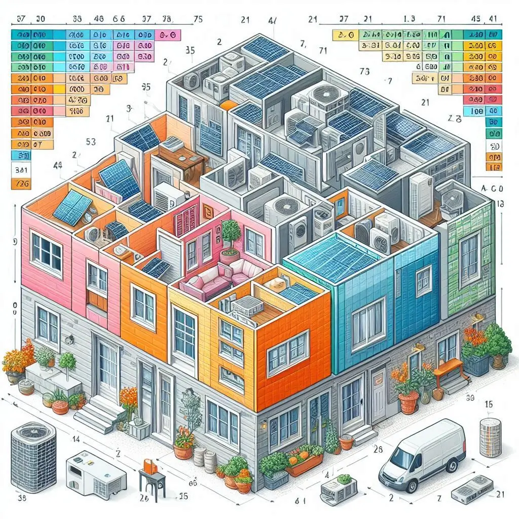 A detailed home load calculation chart showing different AC unit sizes based on square footage and insulation quality.
