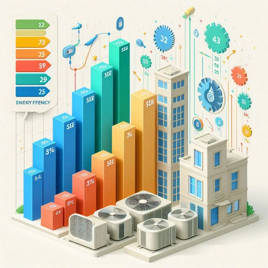 "A graph comparing the SEER ratings and energy efficiency of different air conditioning models, showing the impact of energy savings with higher-rated units."