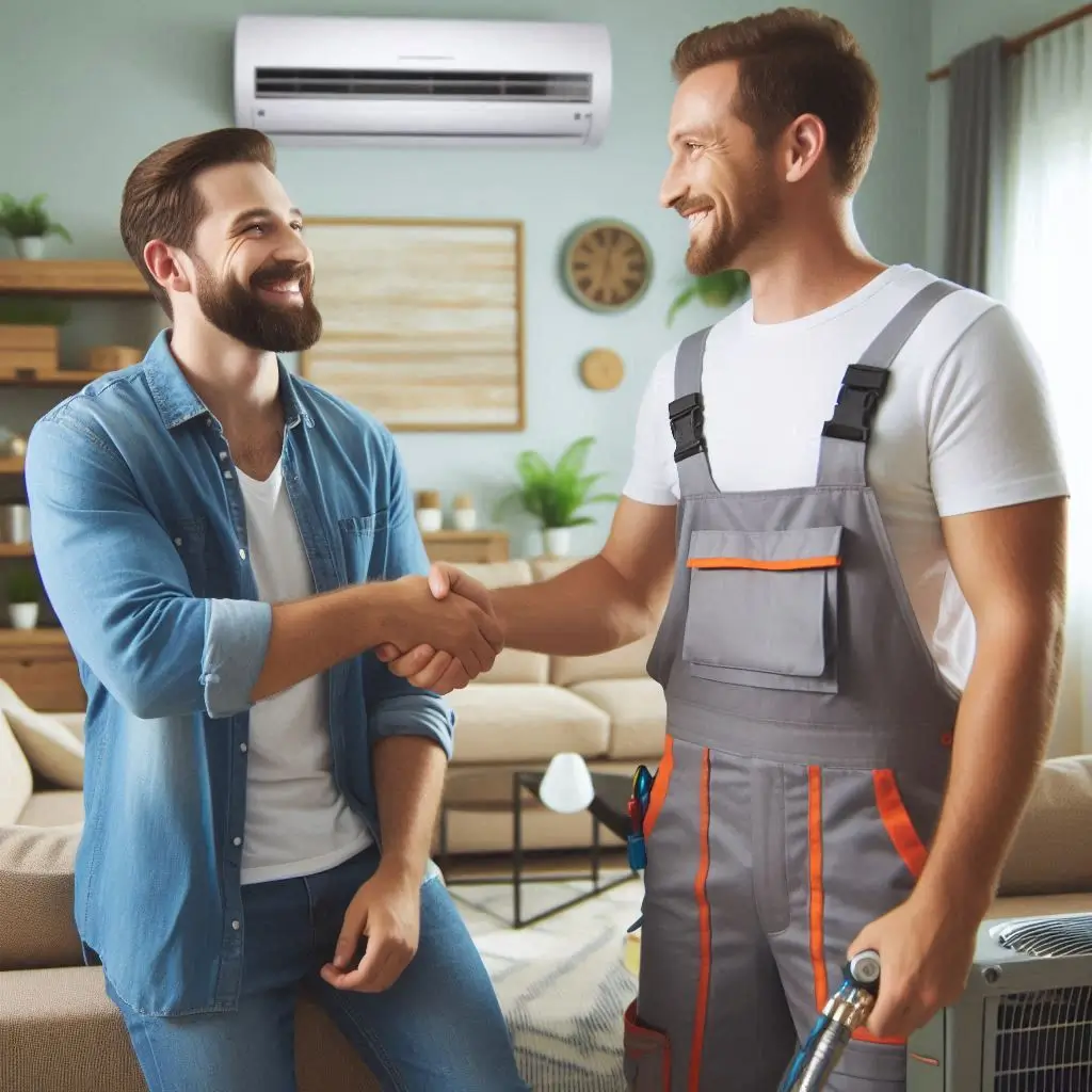 A satisfied customer shaking hands with a technician after a successful HVAC installation, showcasing trust and professionalism.