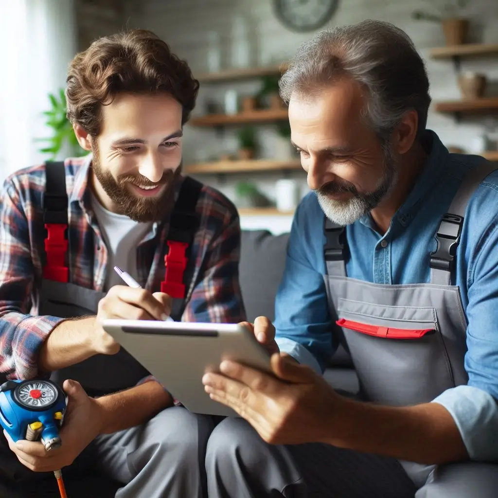 A homeowner and an HVAC technician reviewing a service agreement on a tablet, ensuring clarity before signing the repair contract.