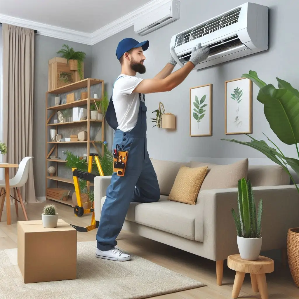 "A technician moving an air conditioning unit into a better location for improved efficiency in a living room."