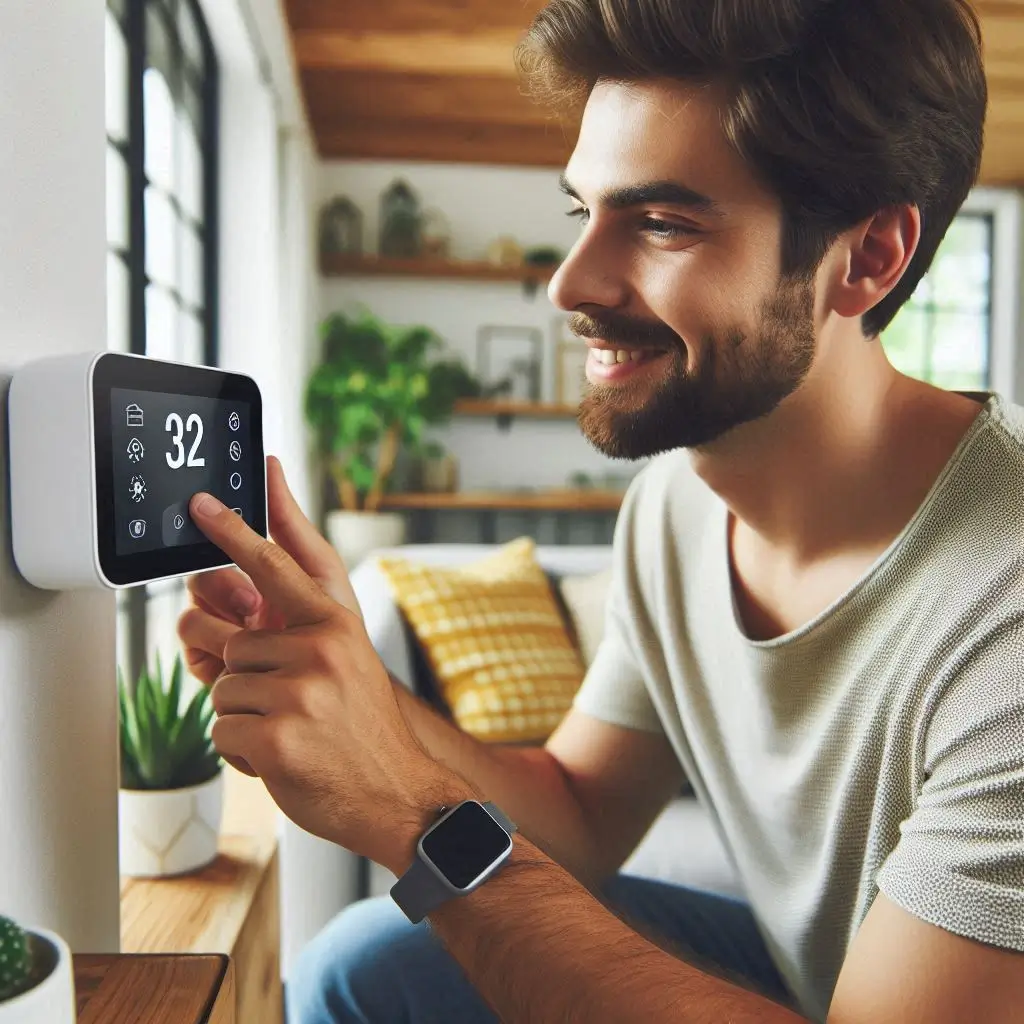 A homeowner adjusting a smart thermostat for energy-efficient AC settings.