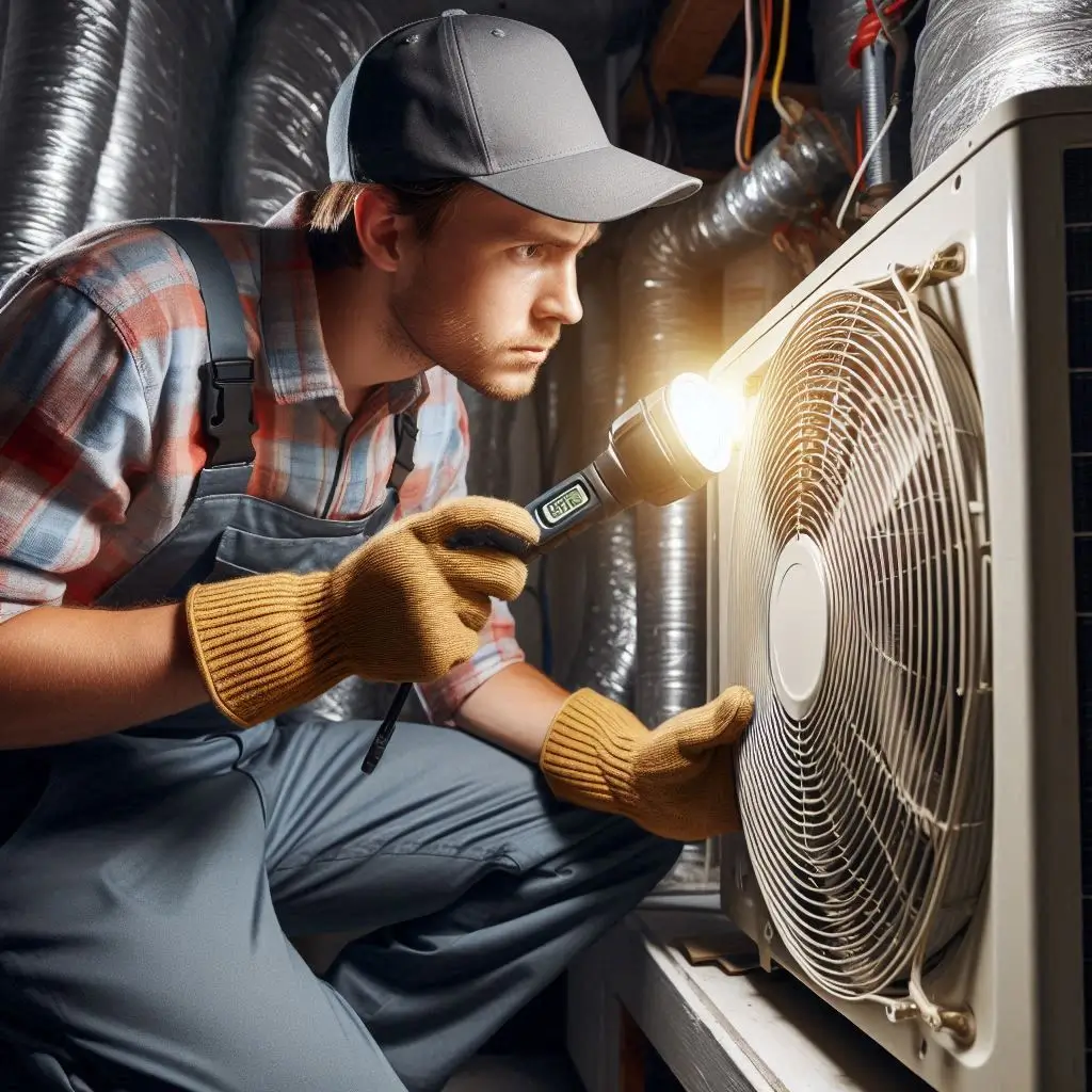 "A technician inspecting an air conditioning unit with a flashlight, looking for potential issues like leaks, blockages, or worn-out components."