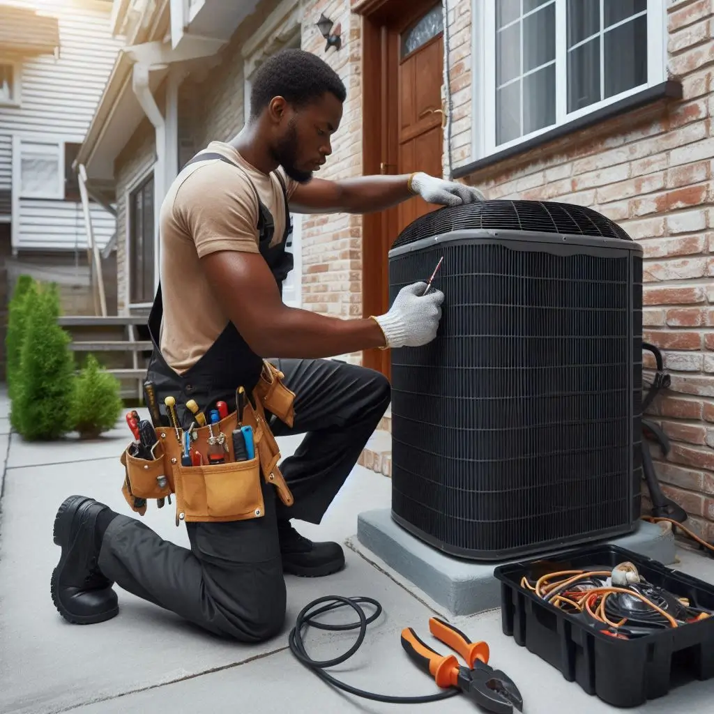 "A technician quickly responding to an HVAC service call, repairing an air conditioning unit outside a residential home."
