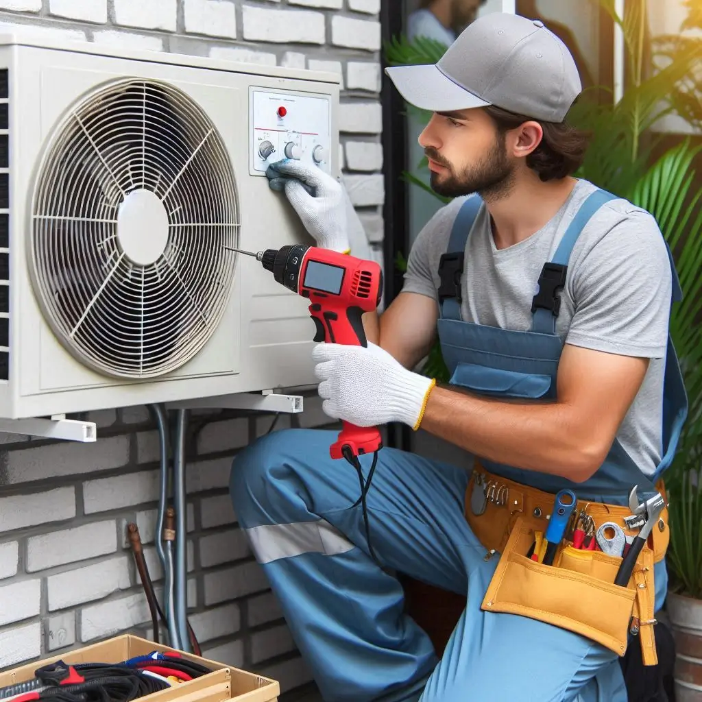 "An HVAC technician troubleshooting an air conditioning unit, inspecting the system to identify common issues and provide fixes."