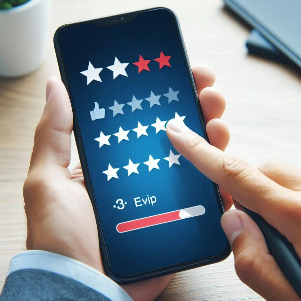 A person checking customer reviews on a smartphone, with both positive and negative ratings visible on the screen.