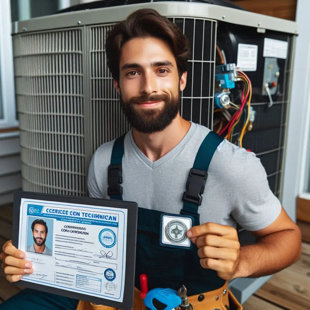 A professional HVAC technician holding a certification badge and inspecting an air conditioning unit, showcasing expertise and licensing.