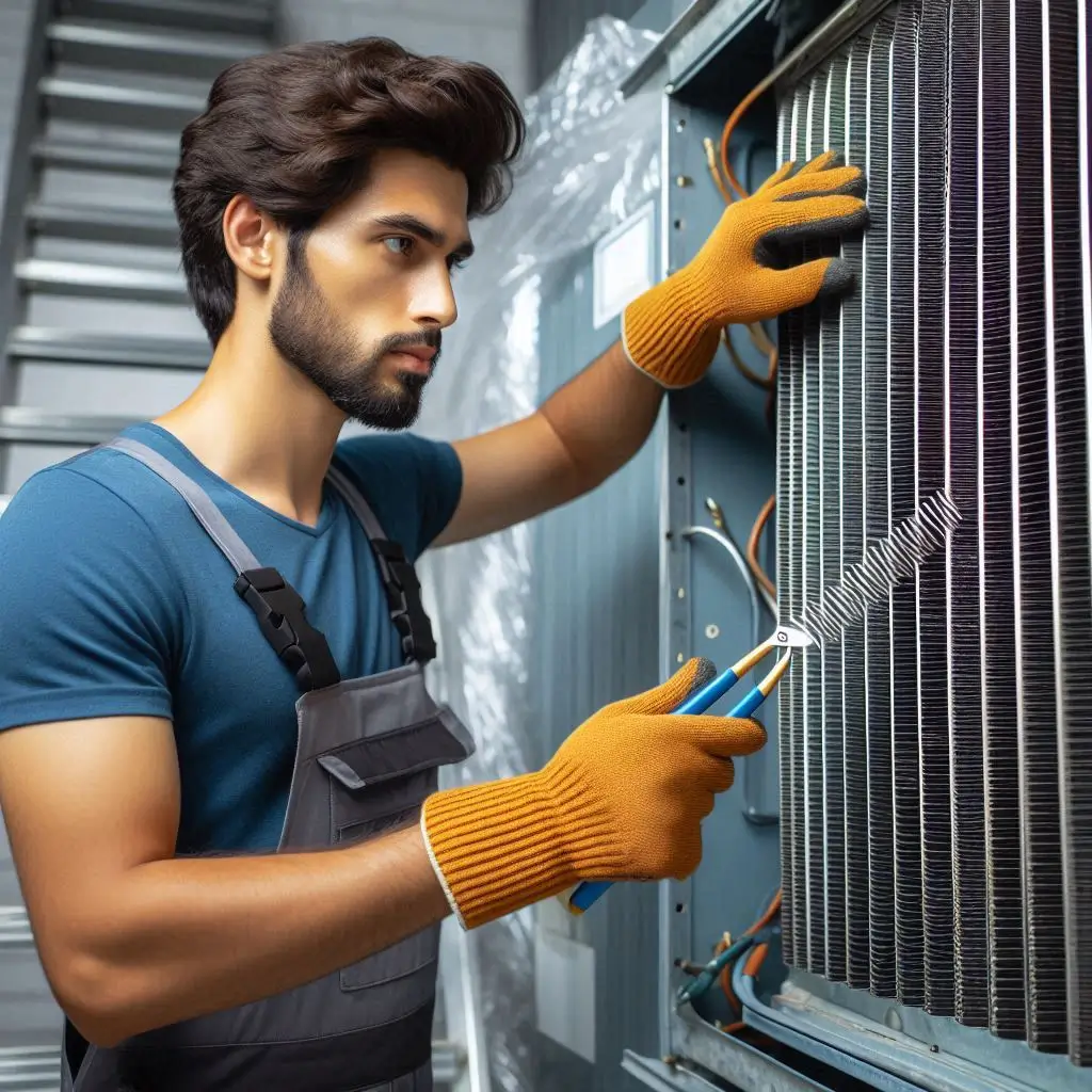 "A technician using a fin comb to straighten the coil fins of an air conditioner, improving airflow and enhancing the system's cooling efficiency."