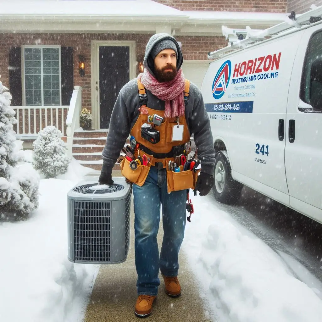 "A Horizon Heating and Cooling technician arriving at a residential property during a snowstorm to perform emergency HVAC repair, showing urgency and professionalism."