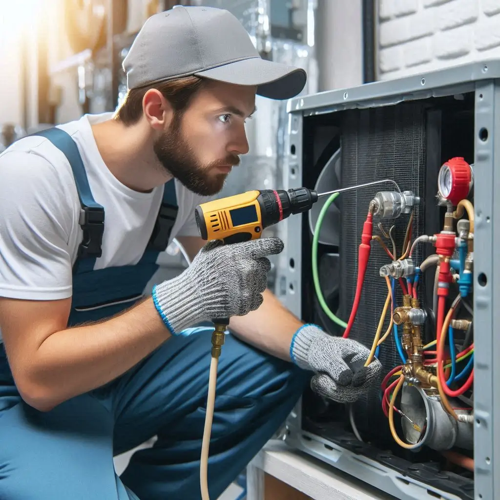 "A technician using specialized leak detection tools to identify the source of refrigerant leakage in an air conditioning unit, with focus on the repair process."