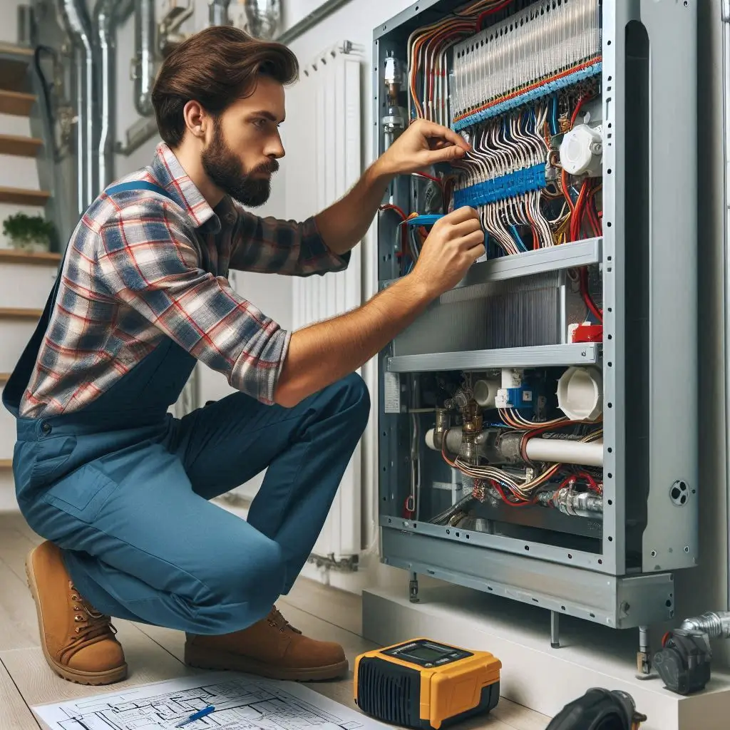 "An HVAC technician installing a modern heating system in a residential home, showing the intricate details of the installation process and the new system."