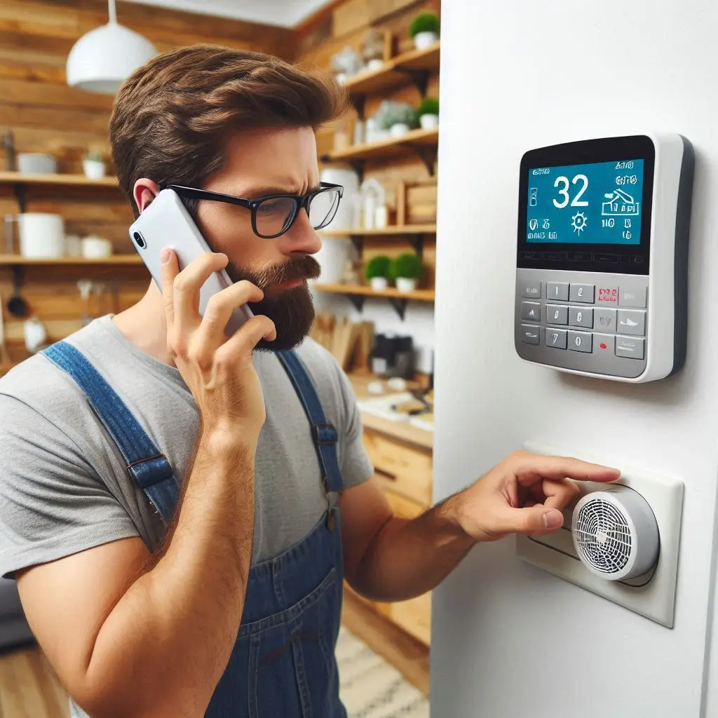 A homeowner calling an emergency AC repair service while checking the thermostat.