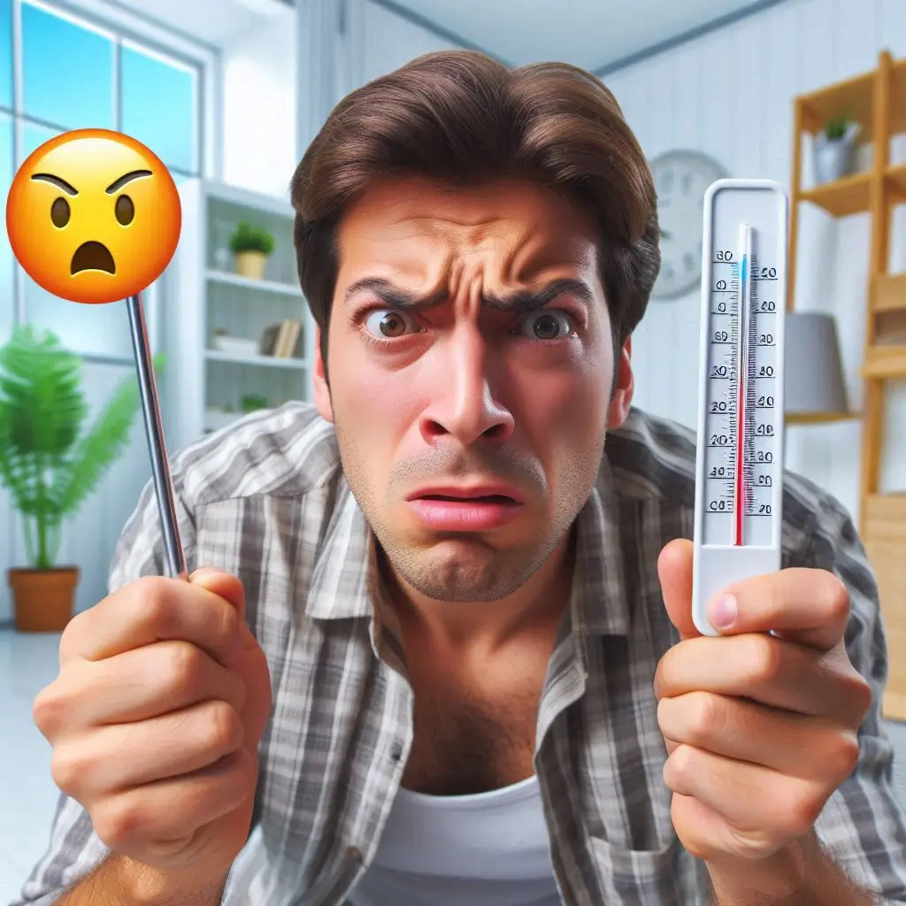 "An image of a frustrated homeowner with a thermometer showing inconsistent temperatures in the room."