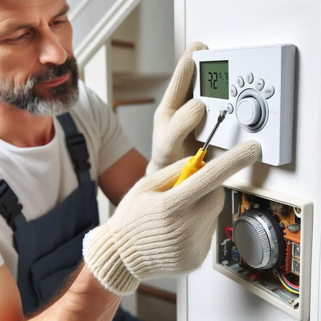 "A homeowner inspecting and cleaning the thermostat, ensuring it is calibrated and functioning correctly for better temperature control."