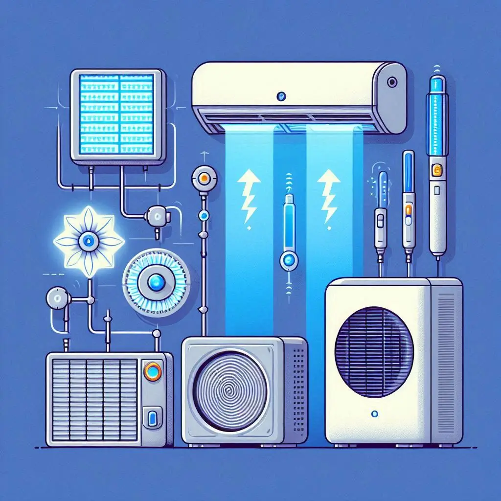 A graphic showing different air filtration options (UV lights, electrostatic filters) alongside an air conditioning unit.