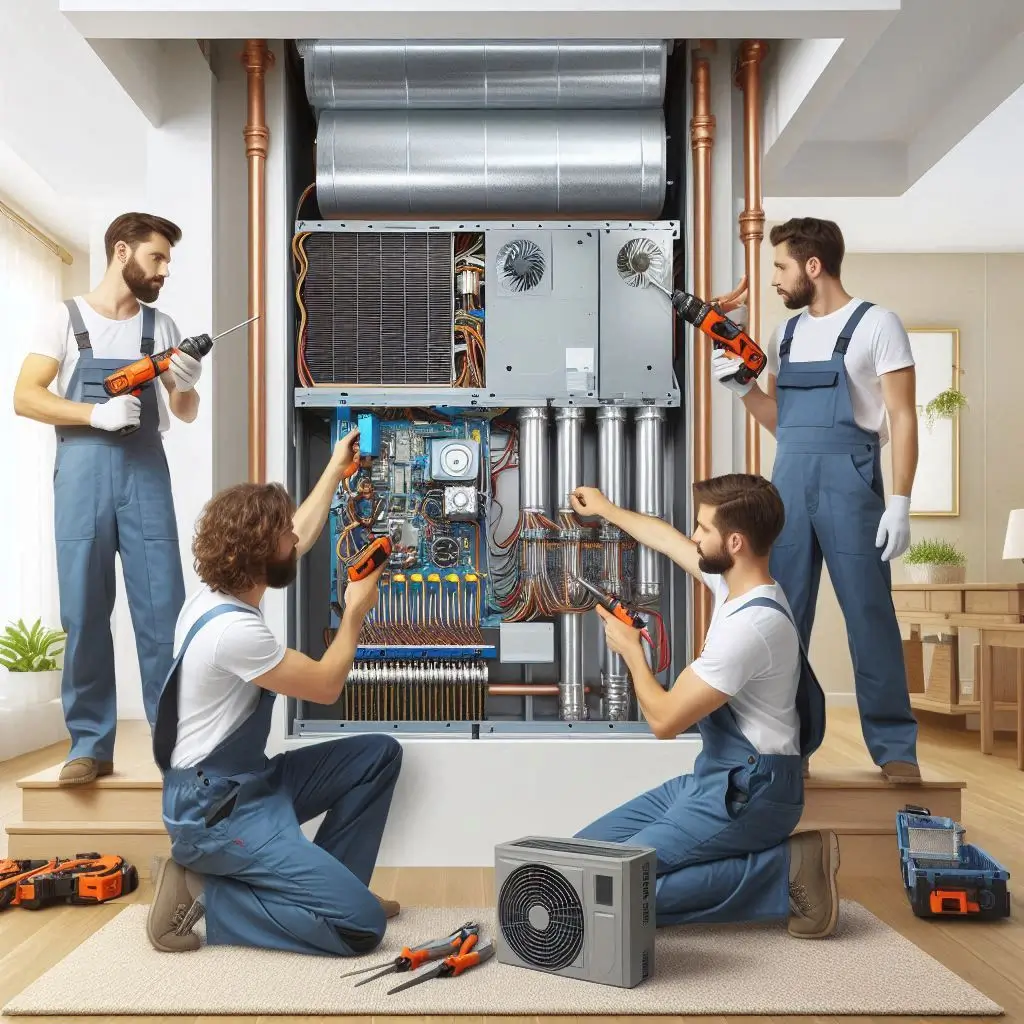 Generate an image showing a team of professionals installing a new HVAC system in a residential home, demonstrating quality equipment and installation.