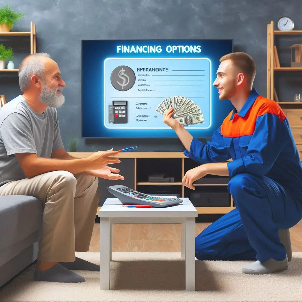 "An image showing an HVAC technician explaining financing options to a customer in their home."