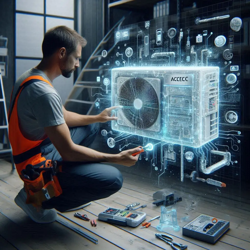 Generate an image of an HVAC technician installing a ductless AC system, showcasing advanced technology and the efficiency of modern HVAC solutions.