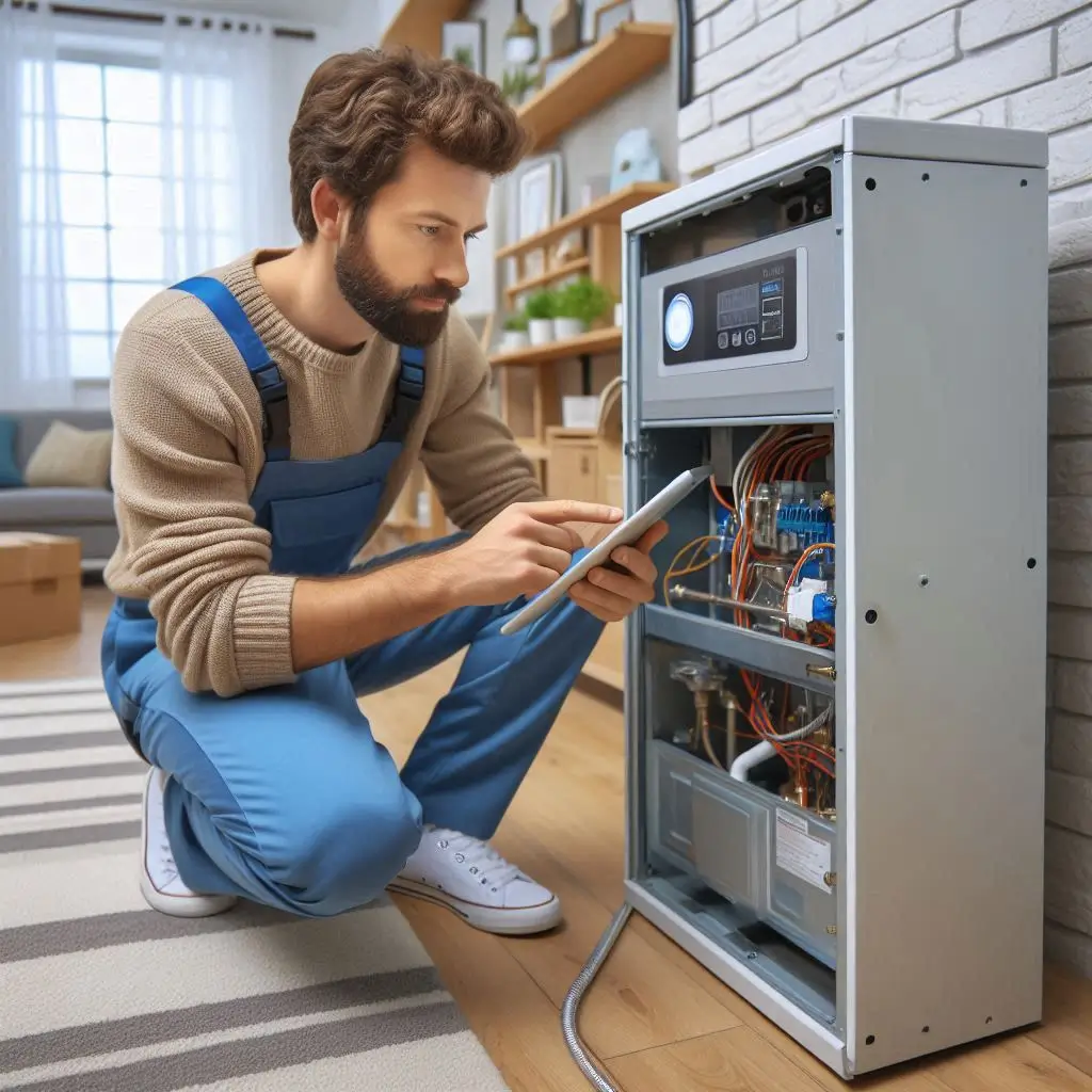 Generate an image of a technician installing a new furnace in a residential home, highlighting the importance of professional heating installation.