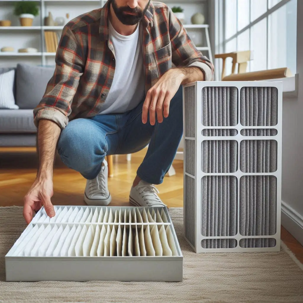 A homeowner changing an air filter inside their home, with clean and dirty filters placed side by side.