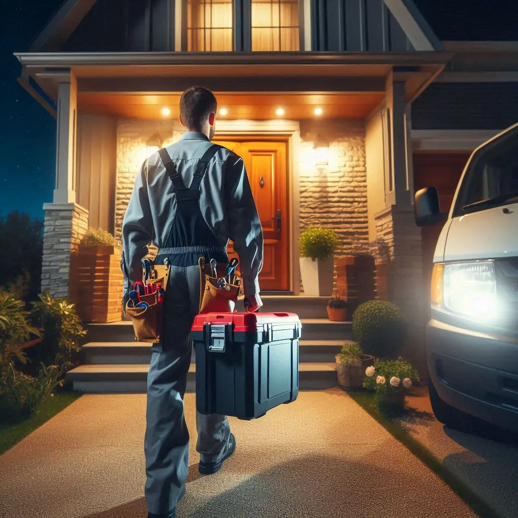 A technician in uniform with a toolbox arriving at a residential home at night, with the home’s exterior lights illuminating the entrance, showing emergency AC repair service.
