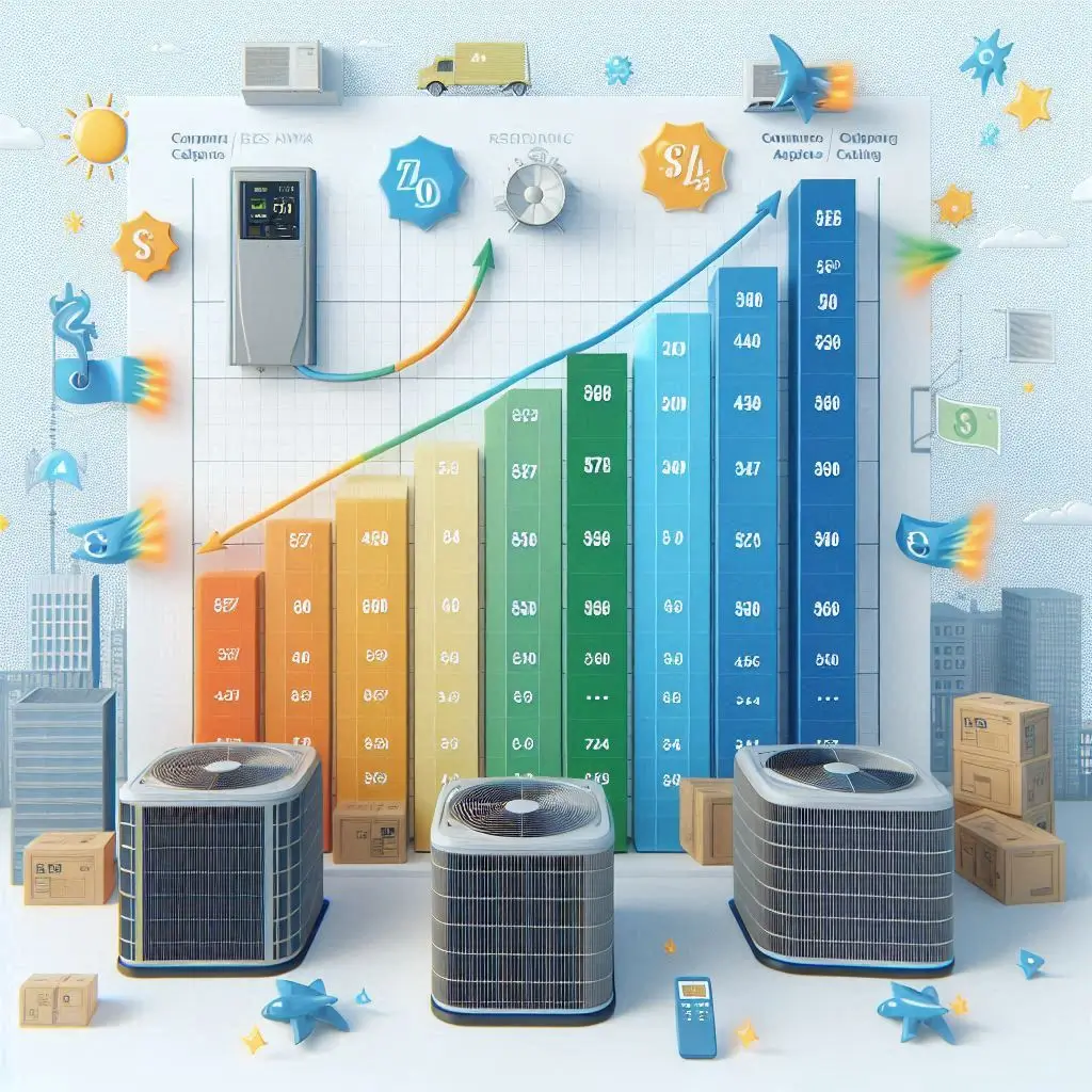 "A comparison chart showing AC units with different SEER ratings, with the price and potential energy savings highlighted."