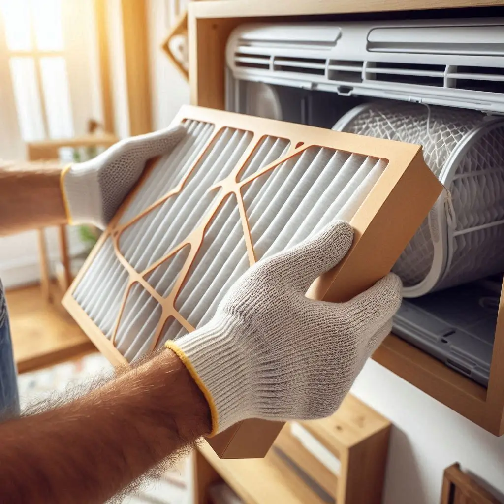 A close-up of a homeowner changing an AC air filter inside a house.