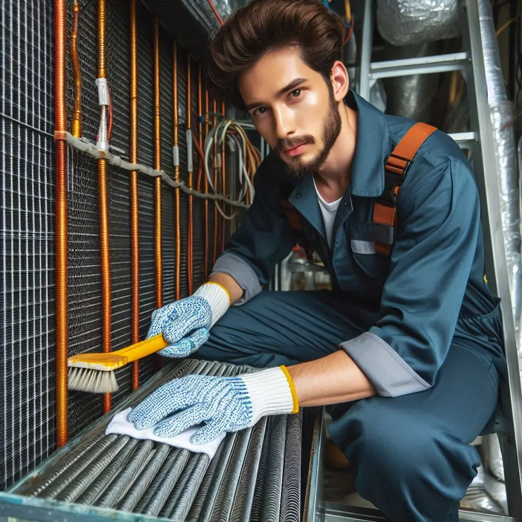 "An HVAC technician cleaning the condenser coils as part of preventive maintenance to ensure efficient system operation."