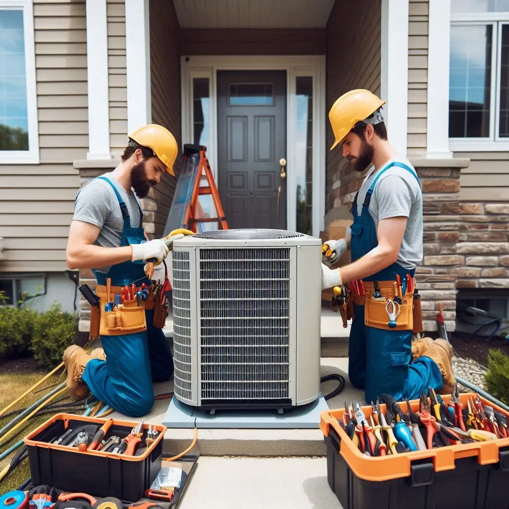 HVAC installers setting up a new air conditioning unit outside a home, wearing safety gear and using specialized tools.
