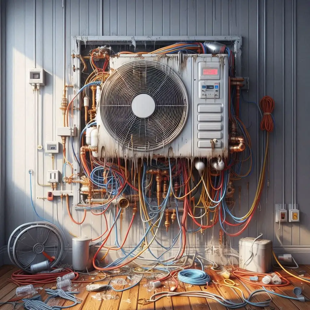 A visual representation of a DIY AC installation gone wrong, showing exposed electrical wiring, improper condenser placement, and leaking refrigerant.