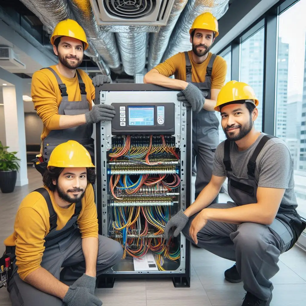 "A commercial HVAC system installation at a Calgary office, showcasing a team of technicians working together to provide efficient HVAC solutions for businesses."