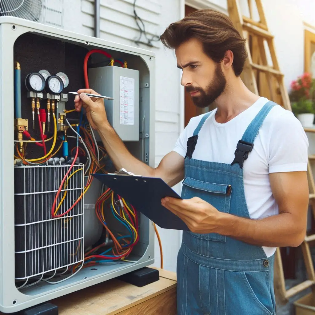 A technician inspecting an AC unit outdoors with a clipboard, measuring refrigerant levels, and checking electrical components.