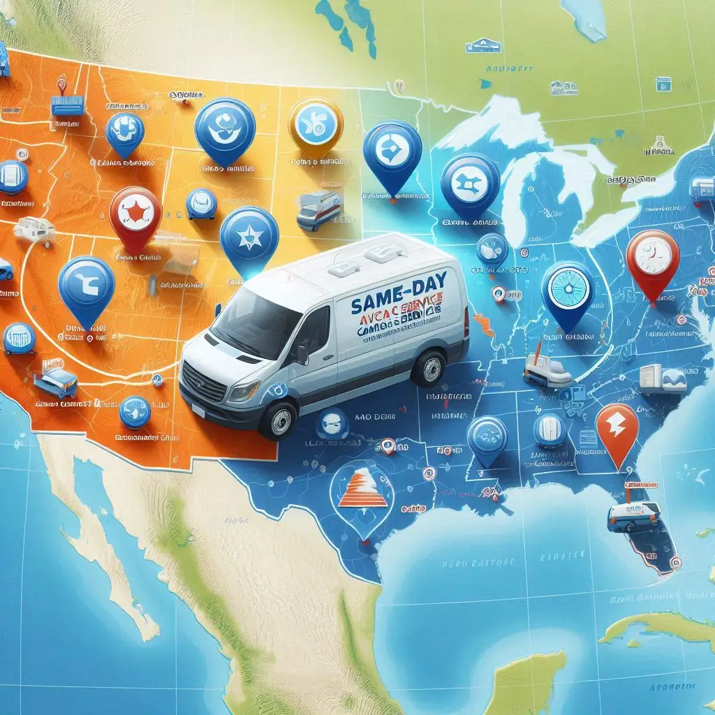 A service map showing different locations where same-day HVAC services are available, with markers indicating coverage zones.]