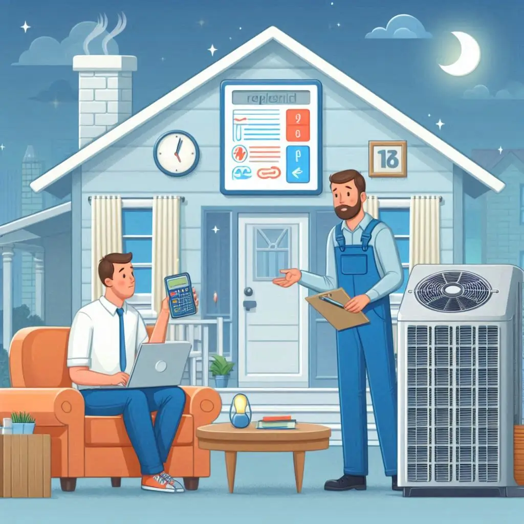 Image of a home with visible HVAC issues, like inconsistent temperature or rising utility bills, with a technician explaining the signs of needing replacement.
