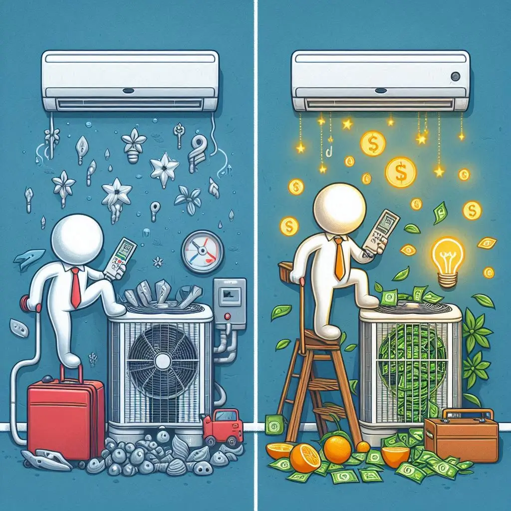 "A comparison of two air conditioners, one well-maintained and the other neglected, showing the energy efficiency and cost savings of regular AC tune-ups."