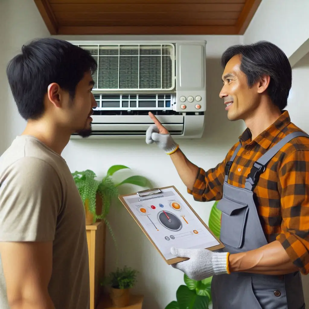 "A homeowner noticing the signs of an underperforming air conditioner, such as warm air and poor airflow, while an HVAC technician evaluates the system. The technician is pointing out potential issues with the system to the homeowner."