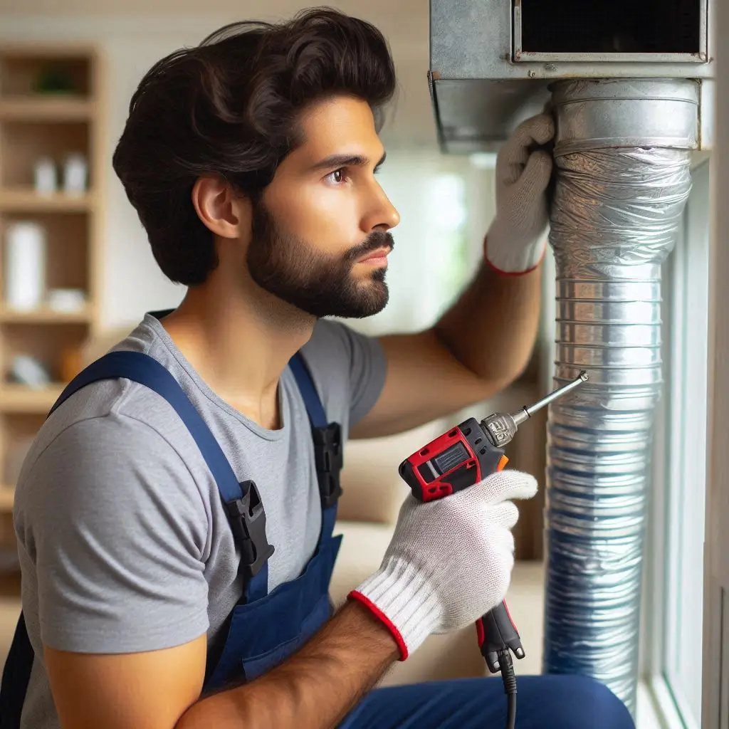 A professional HVAC technician using specialized tools to clean air ducts, ensuring improved airflow and air quality.