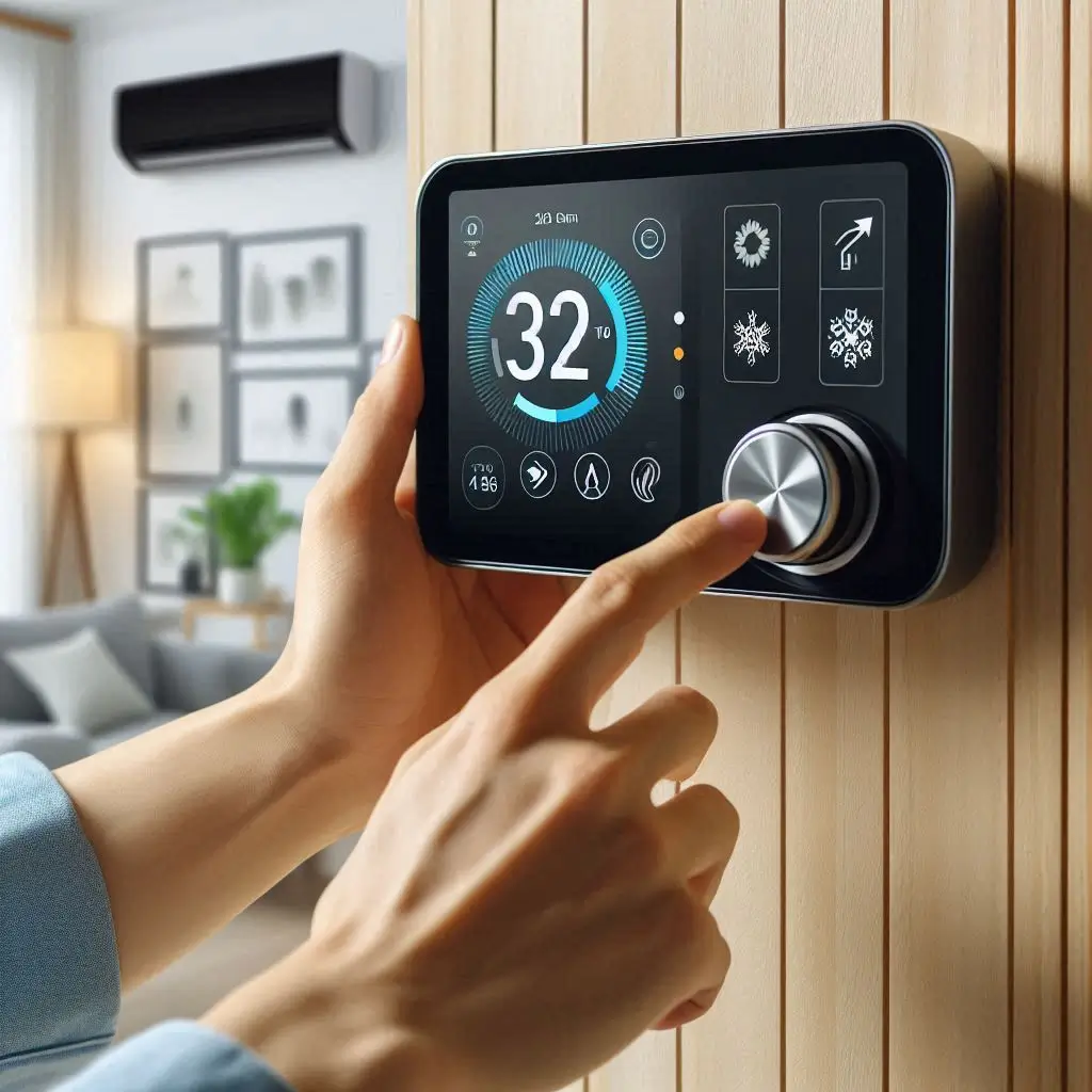 : A person adjusting a digital smart thermostat, with a modern AC unit running in the background.
